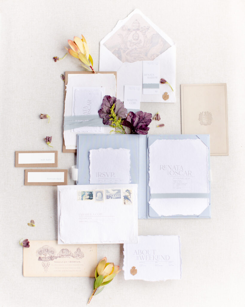 blue, champagne, and plum wedding invitation suite, wedding day details by Boston wedding photographer Ashley Helen