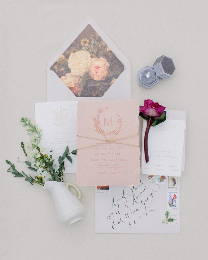 blush wedding invitations with english rose envelope liner, wedding day details by Boston wedding photographer Ashley Helen