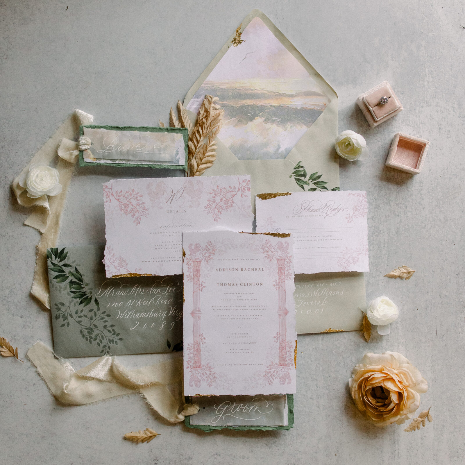 sage and pinkwedding invitation suite with champagne roses on a stone surface, wedding day details by Boston wedding photographer Ashley Helen