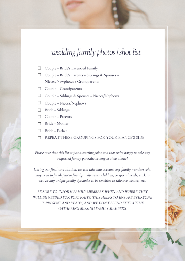 checklist of wedding family photo shot list